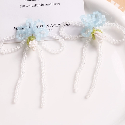Handwoven Glass Bead Flower Bow Pendant Long Tassel Clear Blue Beaded DIY Jewelry Accessory Component For Earring Hairpin