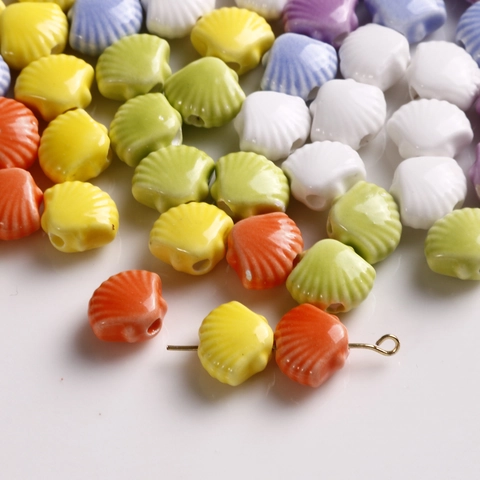 12mm Colorful Shell Shaped Ceramic Loose Beads Fan Pattern Drilled Porcelain Beads For DIY Jewelry Making Bracelets Earrings