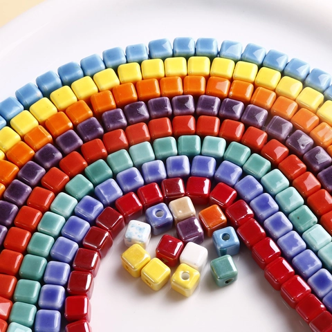 Shiny Glazed Square Ceramic Beads Colorful Cube Spacer Beads With Center Hole For DIY Jewelry Making Phone Chain Accessory