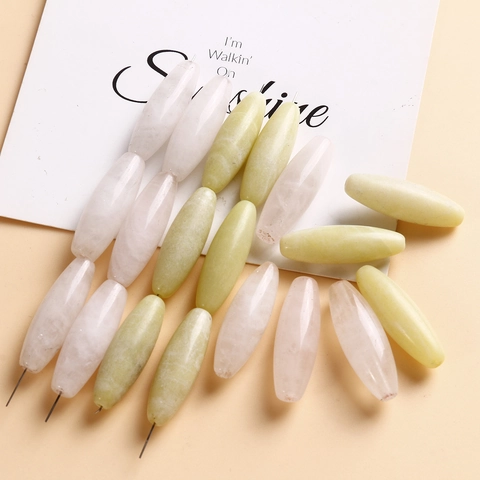 Natural Stone Spindle Shaped Loose Beads Polished Lemon Jade Rose Quartz Beads For DIY Jewelry Making Necklace Bracelet