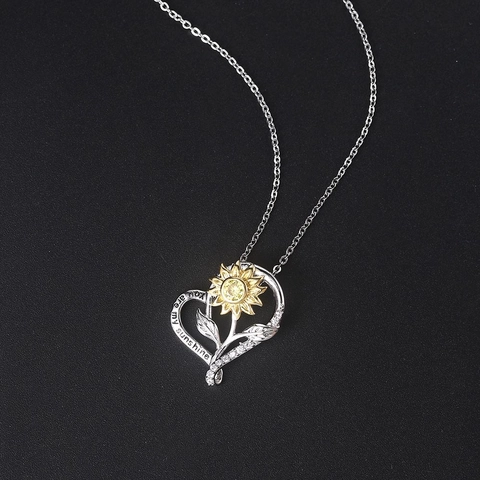Collier En Cuivre Pendentif Cœur Tournesol Zircone Bicolore Or Argent You Are My Sunshine Gravure Bijoux Mode Pour Femmes