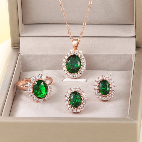 Lussuoso Set di Gioielli in Rame Zirconia per Donna Oro Rosa Placcato Ovale Smeraldo Rubino Blu Pietra Collana Orecchini Anello Matrimonio Gioielli