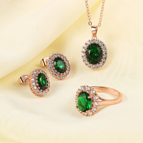 Lussuoso Set di Gioielli in Rame Zirconia per Donna Oro Rosa Placcato Ovale Smeraldo Rubino Blu Pietra Collana Orecchini Anello Matrimonio Gioielli