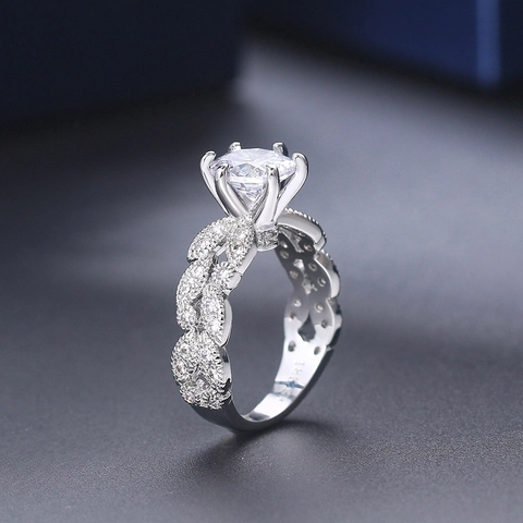Elegante Ronde Zirkonia Koperen Ring Witgoud Tint Zespootzetting Vervlochten Gevlochten Band Verlovingsring Vrouwen Sieraden