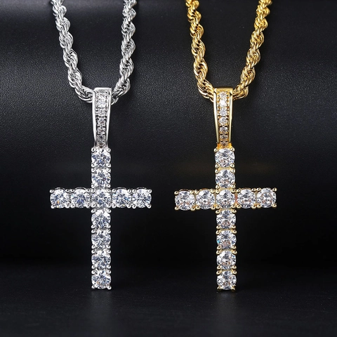 Hip Hop Iced Out Kruis Hanger Halsketting Voor Heren Dames Koper Zirconia Ingelegd Ankh Latijns Kruis Touwketting Sieraden Cadeau