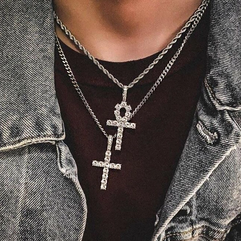Hip Hop Iced Out Kruis Hanger Halsketting Voor Heren Dames Koper Zirconia Ingelegd Ankh Latijns Kruis Touwketting Sieraden Cadeau