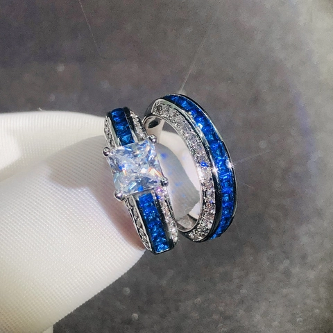 Westerse Klassieke Zirconia Koperen Ring Met Blauwe Spinel Wit Goud Verguld Trouwringen Sieraden Voor Dames