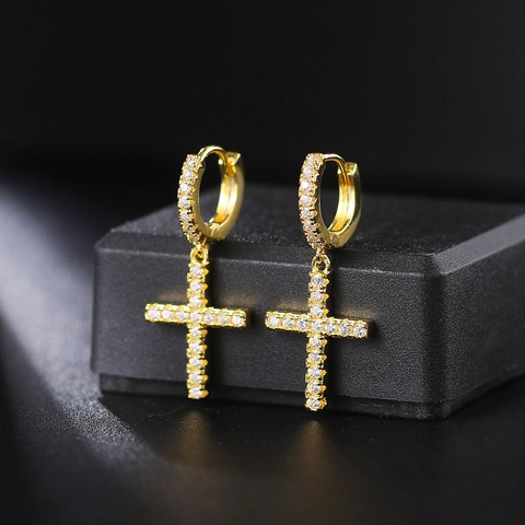 Hip Hop Copper Zirconia Cross Drop Earrings Personalized Iced Out Hoop Earrings Unisex Gold Silver Plated Jewelry Earring