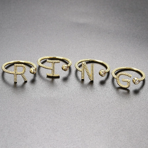 Minimalist Brass Initial Alphabet Open Ring For Women Gold Plated Zirconia Adjustable Initial Letter Rings Personalized Jewelry