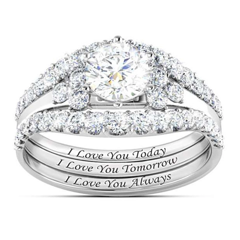 Luxe Koperen Zirconia Bruidsverlovingsring Set 3 Delig I Love You Gegraveerd Rond Gesneden Trouwringen Voor Dames