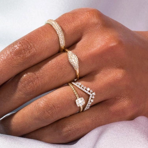 Fashion 14K Gold Plated Copper Ring For Women Micro Pave White Zirconia Inlaid Elegant Geometric Finger Ring Jewelry Gift