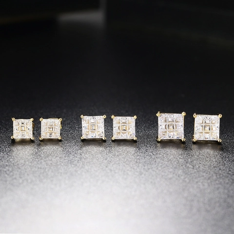 Hip Hop Copper Zirconia Stud Earrings For Men Women Square Geometric CZ Studs Electroplated Bling Jewelry Accessories Gift