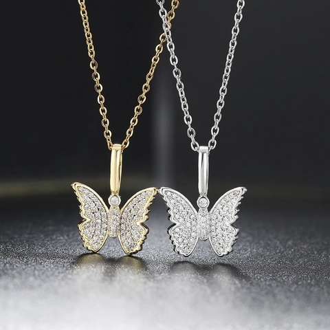 Hip Hop Kupfer Schmetterling Anhänger Halskette Für Damen Herren Zirkonia Eingelegt Edelstahl Kette Gold Silber Vergoldet Schmuck