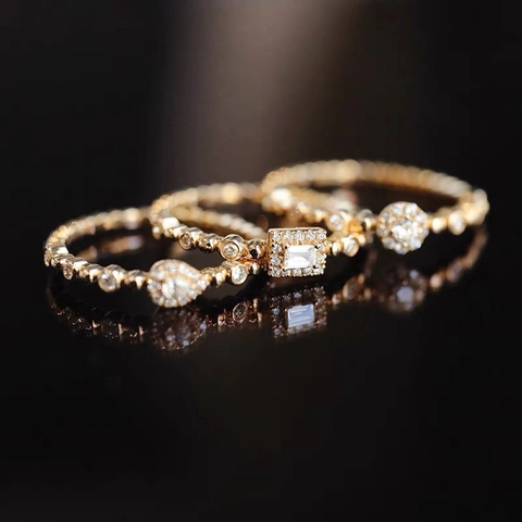 Französischer Stil 14K Vergoldet Kupfer Zirkonia Stapelbare Ringe Für Damen Geometrisch Rund Birne Smaragd Schliff Hochzeit Schmuck