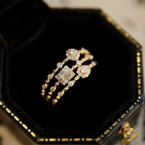 Französischer Stil 14K Vergoldet Kupfer Zirkonia Stapelbare Ringe Für Damen Geometrisch Rund Birne Smaragd Schliff Hochzeit Schmuck