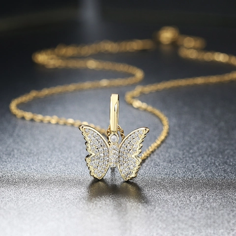 Hip Hop Kupfer Schmetterling Anhänger Halskette Für Damen Herren Zirkonia Eingelegt Edelstahl Kette Gold Silber Vergoldet Schmuck