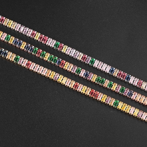 Bracelet Tennis Élégant en Zircone Cubique Colorée Taille Baguette pour Femmes Cuivre Plaqué Or Argent Arc-en-Ciel
