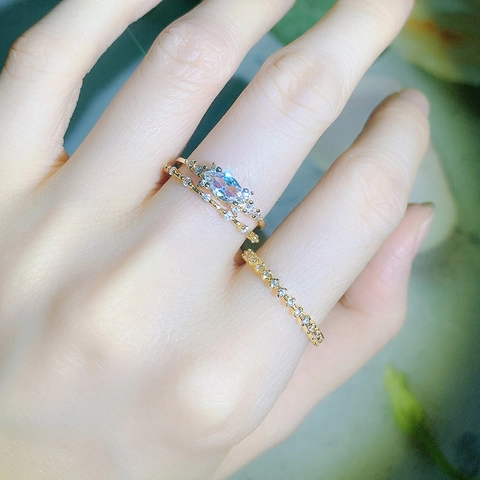 Französische Marquise Zirkonia Stapelringe Set Für Damen Kupfer Vergoldet Minimalistisches Mikro-Pave Bandring Hochzeit Schmuck Geschenk