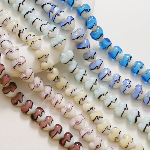 Perles en Forme de Cœur en Verre de Lampe de 15mm Peintes à la Main Rayées Perles en Vrac Matériau de Création de Bijoux DIY
