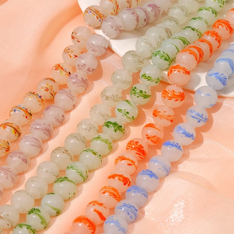 Handmade Lampwork Glass Round Beads With Feather Texture Colorful Loose Beads For DIY Jewelry Making Bracelet Necklace Accessories