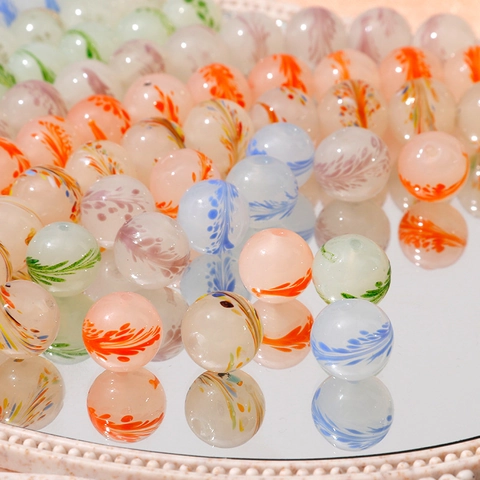 Handmade Lampwork Glass Round Beads With Feather Texture Colorful Loose Beads For DIY Jewelry Making Bracelet Necklace Accessories