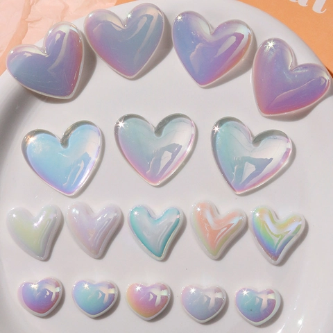 Accessori Fai-da-te a Forma di Cuore in Acrilico Cangiante Cabochon Fondo Piatto per Orecchini Cover Cellulare Artigianato Perline Cuore Aurora Gioielli