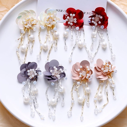Accessoire Bijoux DIY à Gland de Fleur Tissé à la Main Perle de Verre Élégante Perle Artificielle Paillette Long Pendentif pour Fabrication de Boucles d'Oreilles Coiffe Femme