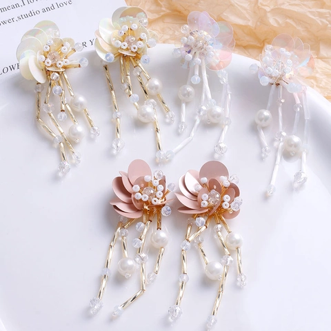 Accessoire Bijoux DIY à Gland de Fleur Tissé à la Main Perle de Verre Élégante Perle Artificielle Paillette Long Pendentif pour Fabrication de Boucles d'Oreilles Coiffe Femme