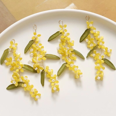 Handmade Forest Style Yellow Flower Green Leaf Tassel DIY Glass Beads Accessory For Earrings Hairpins Women Jewelry