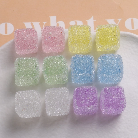 Perles en Résine Cube Avec Texture de Sucre Granulaire Couleur Bonbon Sucré Perles Perforées Carrées Pour La Fabrication de Bijoux Accessoires Artisanaux