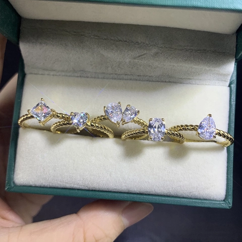Minimalist Zircon Ring Geometric Heart Square Pear Oval Shape Twisted Rope Band Gold Silver Plated Copper Ring For Women