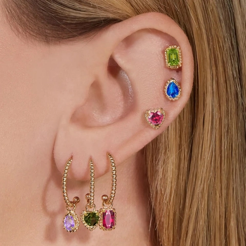 Gold Plated Copper Colorful Zirconia Stud Earrings Heart Pear Rectangle Geometric Drop Earrings Jewelry For Women