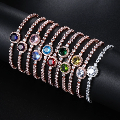 Luxury Adjustable Zirconia Birthstone Bracelet For Women Rose Gold Plated Halo Round Stone Square Sugar Bolo Chain Bracelet Jewelry
