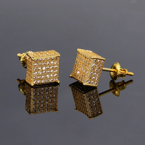 Boucles d'Oreilles Clous en Zirconia Carrées pour Hommes Hip Hop Iced Out Pavé Cube en Cuivre Plaqué Or Véritable avec Fermoir à Vis
