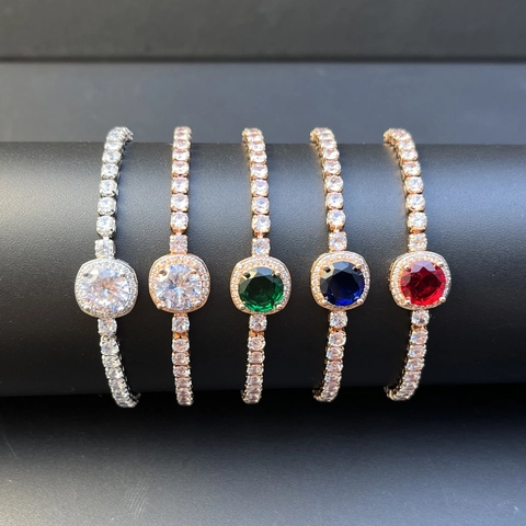 Luxury Adjustable Zirconia Birthstone Bracelet For Women Rose Gold Plated Halo Round Stone Square Sugar Bolo Chain Bracelet Jewelry