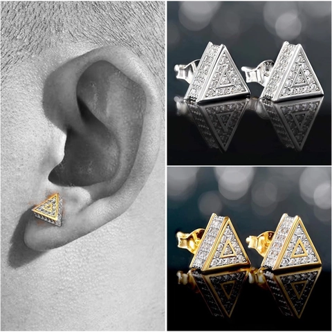 Hip Hop Triangle Stud Earrings For Men Copper Zirconia Geometric Earring With 925 Sterling Silver Earring Post Jewelry