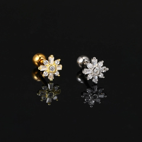 Flower Zirconia Cartilage Stud Earrings Copper 14K Gold Plated Screw Back Piercing Jewelry For Women Small Tiny Studs