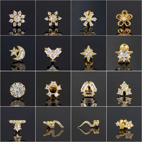 Pendientes de Botón de Acero Inoxidable con Circonia Flor Estrella Luna para Mujer Oro Plata Oro Rosa Joyería