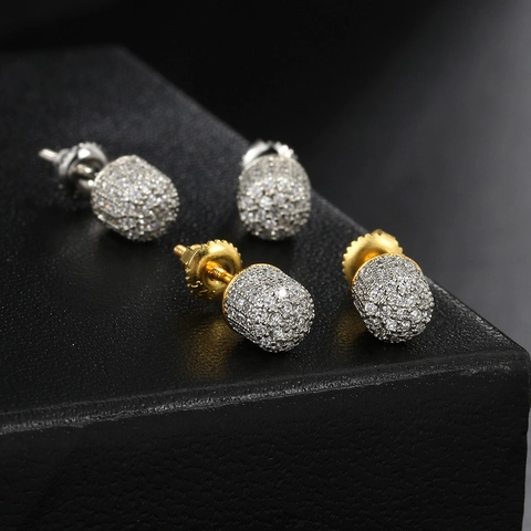 Hip-hop Copper Zirconia Stud Earrings Micro-pave Full Diamond Screw-back Semi-circle Threaded Earrings Unisex Fashion Jewelry