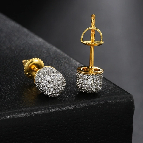 Hip-hop Copper Zirconia Stud Earrings Micro-pave Full Diamond Screw-back Semi-circle Threaded Earrings Unisex Fashion Jewelry