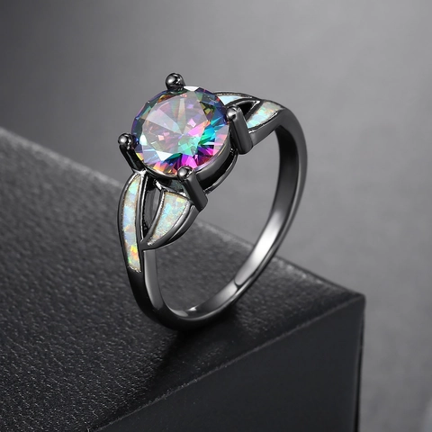 Copper Rainbow Zirconia Ring Round Mystic Topaz Style With White Artificial Opal Inlay Women Wedding Jewelry Gift
