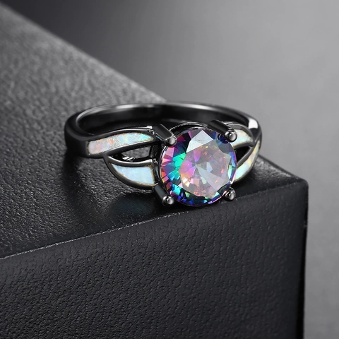 Copper Rainbow Zirconia Ring Round Mystic Topaz Style With White Artificial Opal Inlay Women Wedding Jewelry Gift