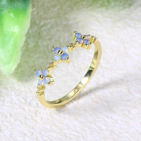 Gold Plated Copper Blue Flower Ring For Women Dainty Floral Zirconia Inlaid Stackable Ring Simple Fashion Hand Jewelry Gift