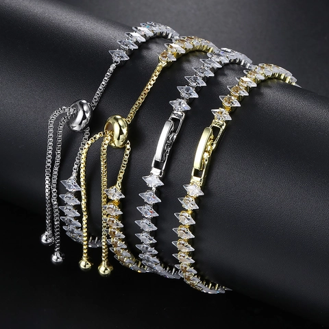 Bracciale Tennis Minimalista con Zirconia Cubica a Rombo per Donna in Rame Placcato Oro 14k Argento Gioielli Regalo Regolabile