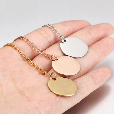 Collier Pendentif Disque Rond en Acier Inoxydable Minimaliste Or Argent Or Rose Finition Miroir Chaîne de Clavicule Gravable Bijoux pour Femmes