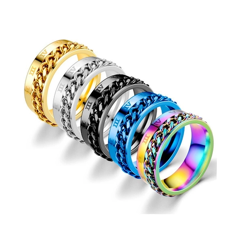 Vintage Stainless Steel Rotatable Chain Ring For Men Women Retro Roman Numeral Spinner Ring Fashion Industrial Jewelry