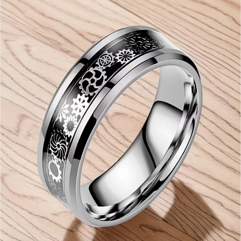 Steampunk Zahnradmuster Titanstahl Ring Industriestil Kohlefasereinlage Mode Schmuck Für Herren Und Damen