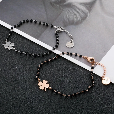 Minimalist Stainless Steel Beaded Clover Bracelet For Women Rose Gold Silver Black Beads Adjustable Charm Jewelry