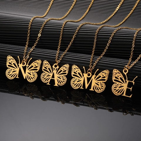 Fashion Stainless Steel Hollow Butterfly Alphabet Pendant Necklace Initial A-Z Name Clavicle Chain Jewelry For Women Gift