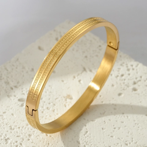 Stainless Steel Greek Key Meander Pattern Bangle Bracelet Vintage Etched Geometric Jewelry For Men Women Unisex Gold Silver